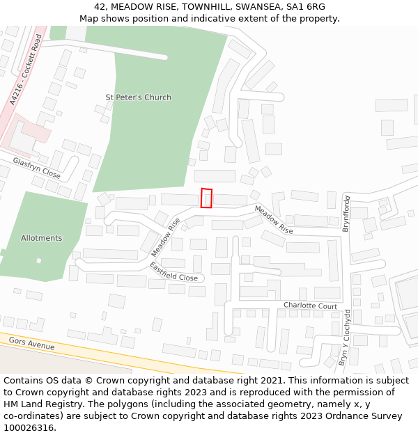 42, MEADOW RISE, TOWNHILL, SWANSEA, SA1 6RG: Location map and indicative extent of plot