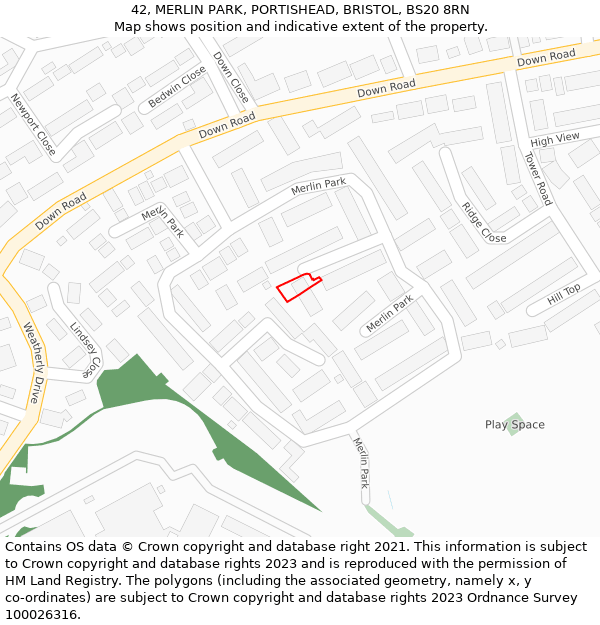 42, MERLIN PARK, PORTISHEAD, BRISTOL, BS20 8RN: Location map and indicative extent of plot