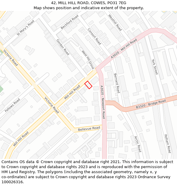 42, MILL HILL ROAD, COWES, PO31 7EG: Location map and indicative extent of plot