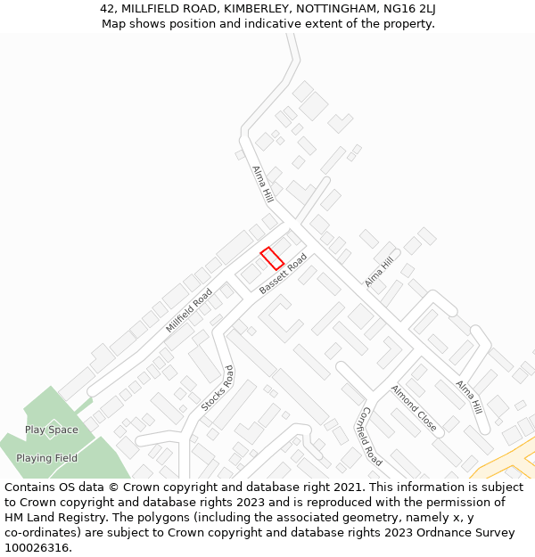 42, MILLFIELD ROAD, KIMBERLEY, NOTTINGHAM, NG16 2LJ: Location map and indicative extent of plot