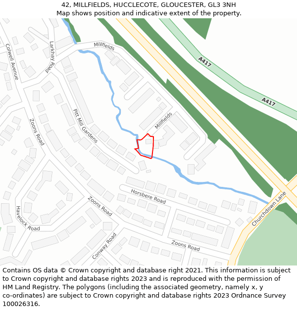 42, MILLFIELDS, HUCCLECOTE, GLOUCESTER, GL3 3NH: Location map and indicative extent of plot