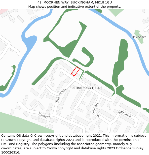 42, MOORHEN WAY, BUCKINGHAM, MK18 1GU: Location map and indicative extent of plot