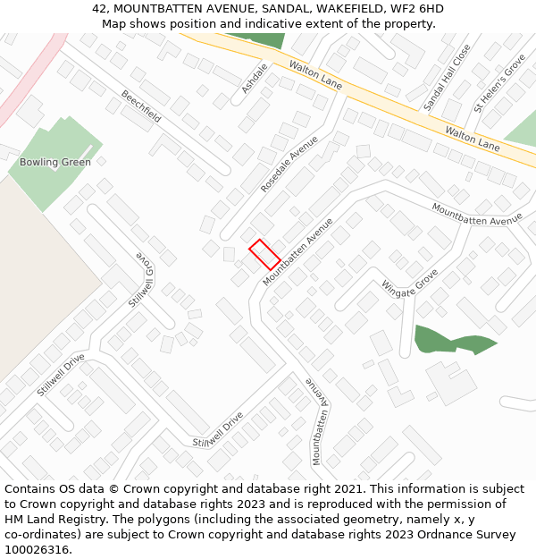 42, MOUNTBATTEN AVENUE, SANDAL, WAKEFIELD, WF2 6HD: Location map and indicative extent of plot