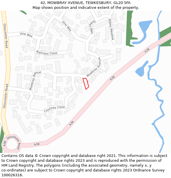 42, MOWBRAY AVENUE, TEWKESBURY, GL20 5FA: Location map and indicative extent of plot