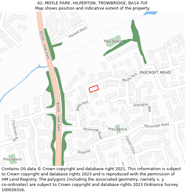 42, MOYLE PARK, HILPERTON, TROWBRIDGE, BA14 7UF: Location map and indicative extent of plot