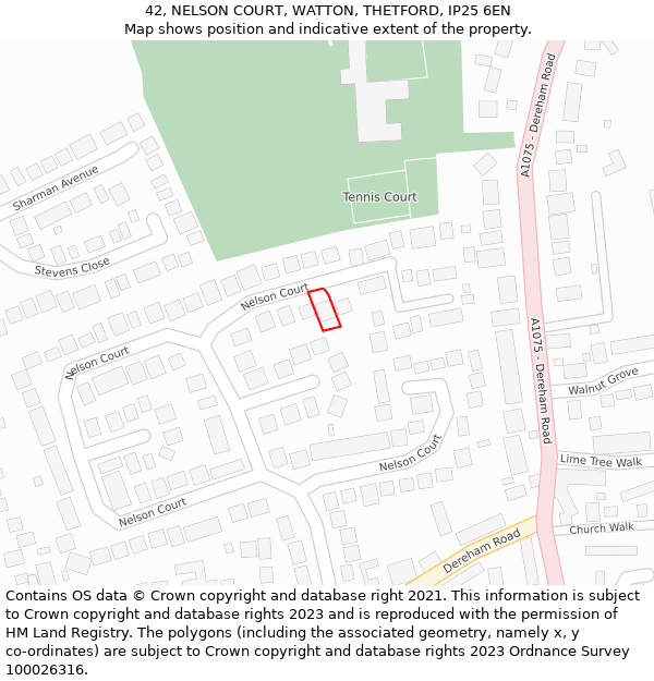 42, NELSON COURT, WATTON, THETFORD, IP25 6EN: Location map and indicative extent of plot