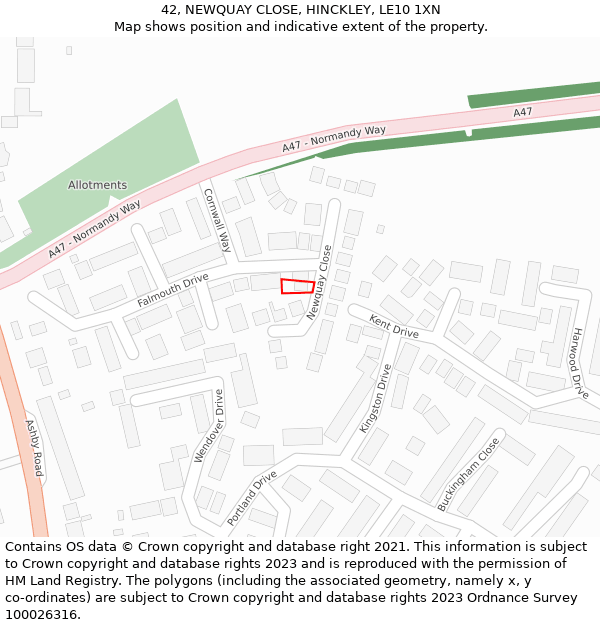 42, NEWQUAY CLOSE, HINCKLEY, LE10 1XN: Location map and indicative extent of plot