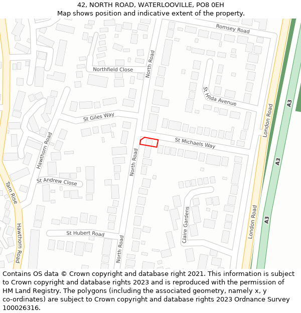 42, NORTH ROAD, WATERLOOVILLE, PO8 0EH: Location map and indicative extent of plot