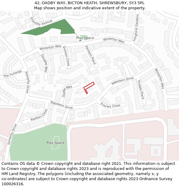 42, OADBY WAY, BICTON HEATH, SHREWSBURY, SY3 5PL: Location map and indicative extent of plot