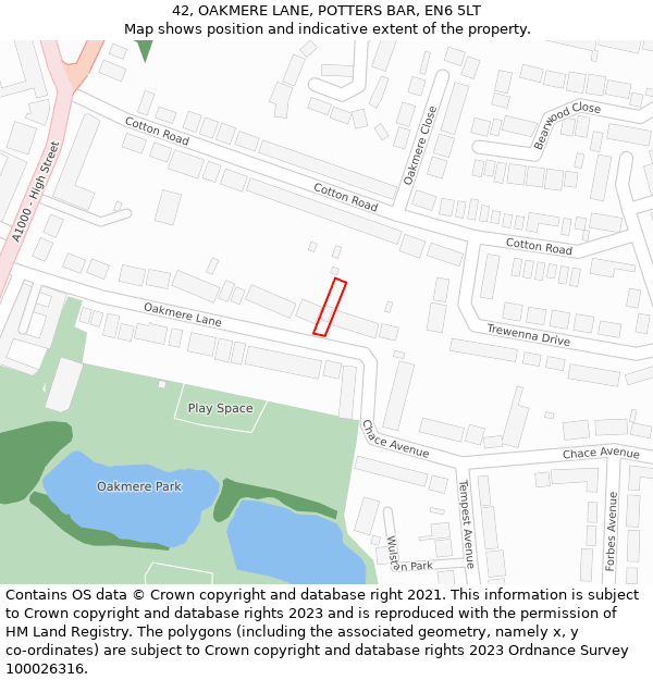 42, OAKMERE LANE, POTTERS BAR, EN6 5LT: Location map and indicative extent of plot