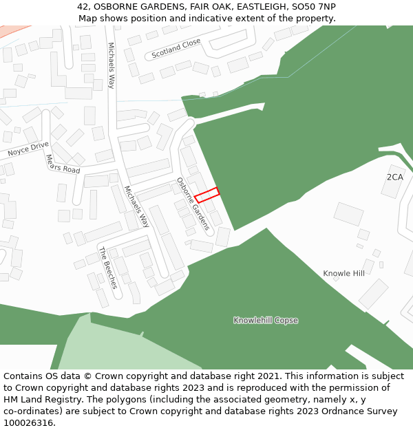 42, OSBORNE GARDENS, FAIR OAK, EASTLEIGH, SO50 7NP: Location map and indicative extent of plot