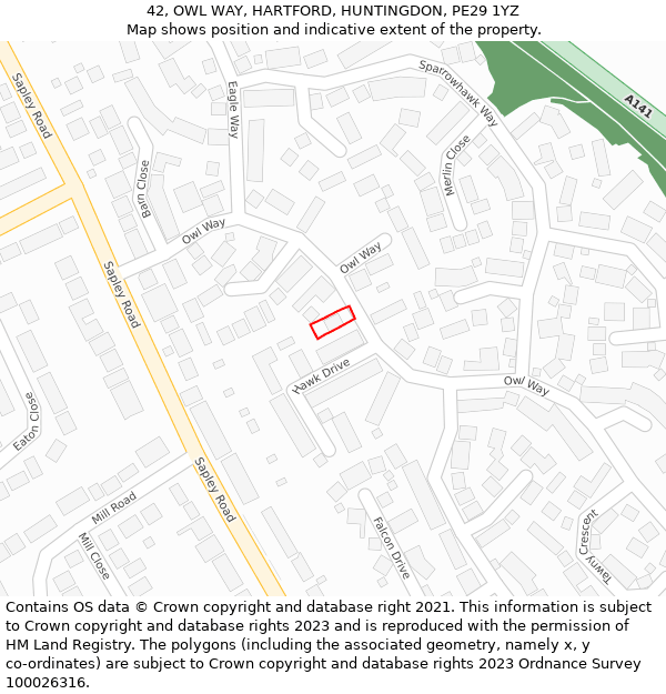 42, OWL WAY, HARTFORD, HUNTINGDON, PE29 1YZ: Location map and indicative extent of plot