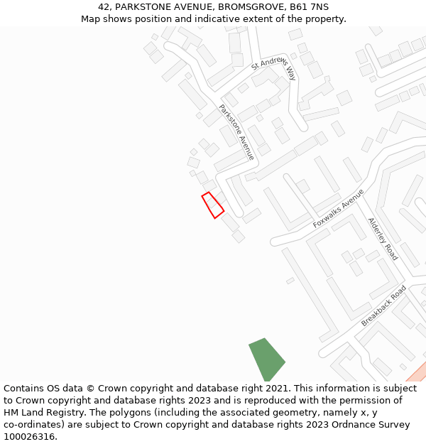 42, PARKSTONE AVENUE, BROMSGROVE, B61 7NS: Location map and indicative extent of plot