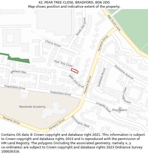 42, PEAR TREE CLOSE, BRADFORD, BD6 2DG: Location map and indicative extent of plot