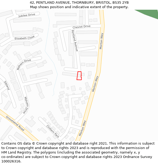 42, PENTLAND AVENUE, THORNBURY, BRISTOL, BS35 2YB: Location map and indicative extent of plot