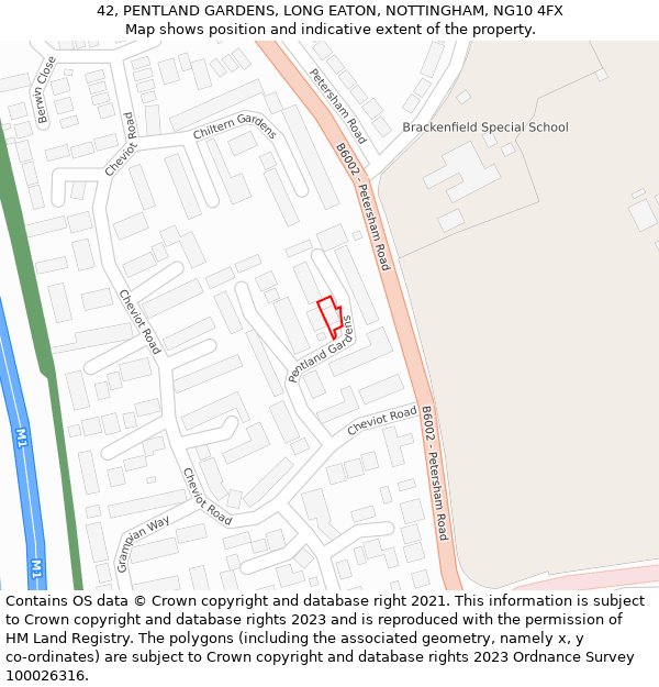 42, PENTLAND GARDENS, LONG EATON, NOTTINGHAM, NG10 4FX: Location map and indicative extent of plot