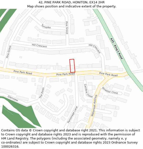 42, PINE PARK ROAD, HONITON, EX14 2HR: Location map and indicative extent of plot