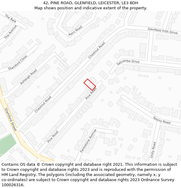 42, PINE ROAD, GLENFIELD, LEICESTER, LE3 8DH: Location map and indicative extent of plot