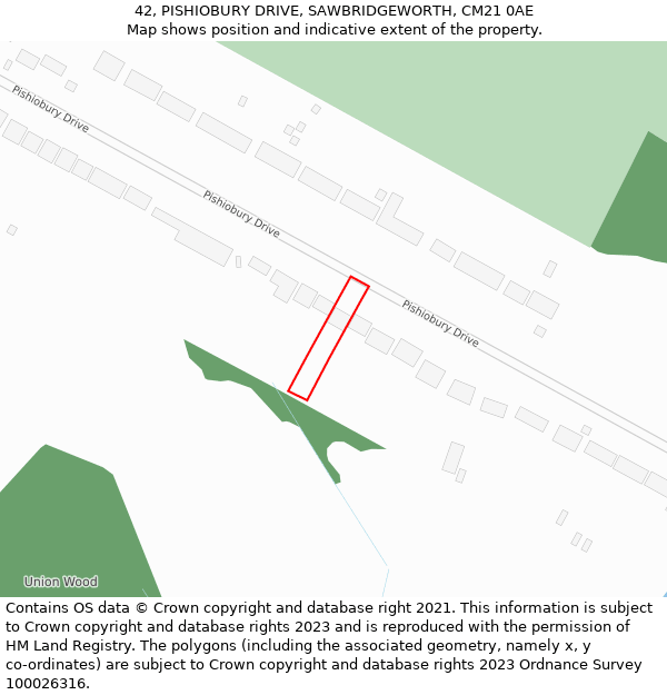 42, PISHIOBURY DRIVE, SAWBRIDGEWORTH, CM21 0AE: Location map and indicative extent of plot
