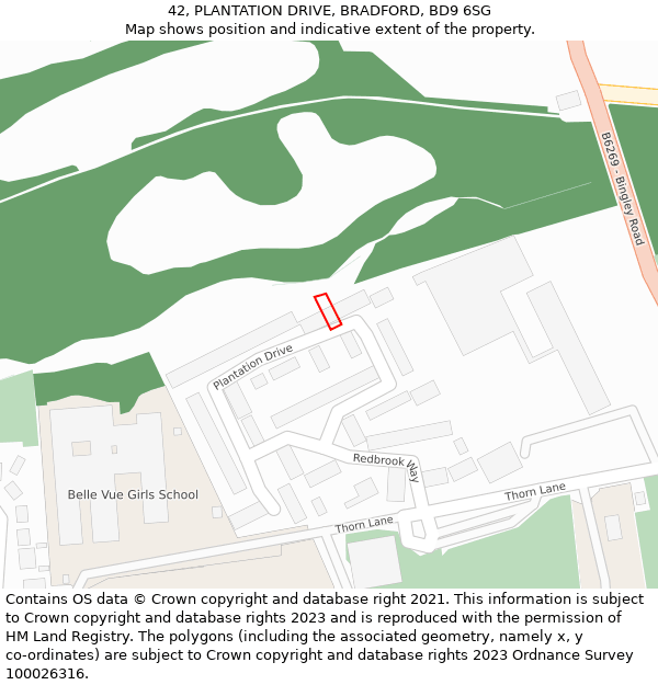 42, PLANTATION DRIVE, BRADFORD, BD9 6SG: Location map and indicative extent of plot