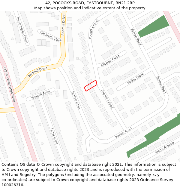 42, POCOCKS ROAD, EASTBOURNE, BN21 2RP: Location map and indicative extent of plot