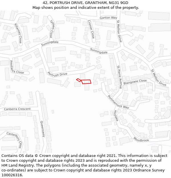 42, PORTRUSH DRIVE, GRANTHAM, NG31 9GD: Location map and indicative extent of plot