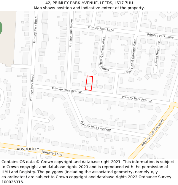 42, PRIMLEY PARK AVENUE, LEEDS, LS17 7HU: Location map and indicative extent of plot