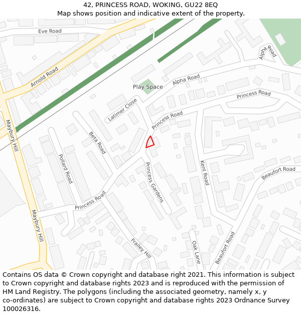 42, PRINCESS ROAD, WOKING, GU22 8EQ: Location map and indicative extent of plot