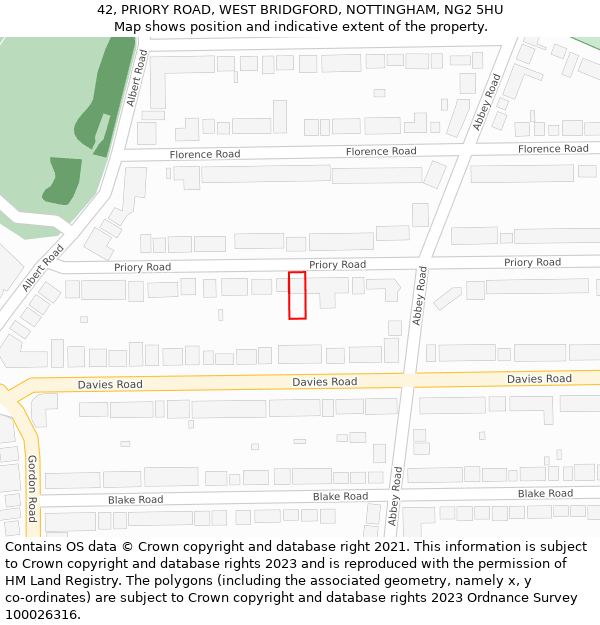 42, PRIORY ROAD, WEST BRIDGFORD, NOTTINGHAM, NG2 5HU: Location map and indicative extent of plot
