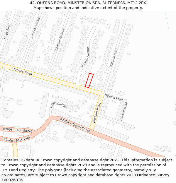 42, QUEENS ROAD, MINSTER ON SEA, SHEERNESS, ME12 2EX: Location map and indicative extent of plot