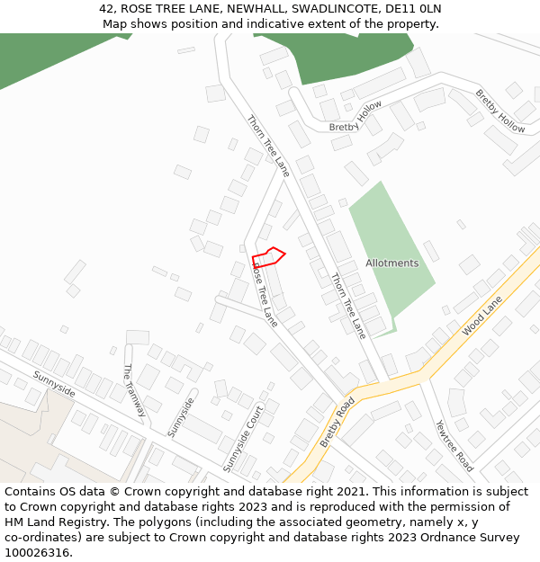 42, ROSE TREE LANE, NEWHALL, SWADLINCOTE, DE11 0LN: Location map and indicative extent of plot