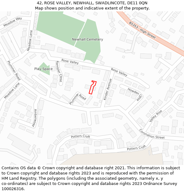 42, ROSE VALLEY, NEWHALL, SWADLINCOTE, DE11 0QN: Location map and indicative extent of plot