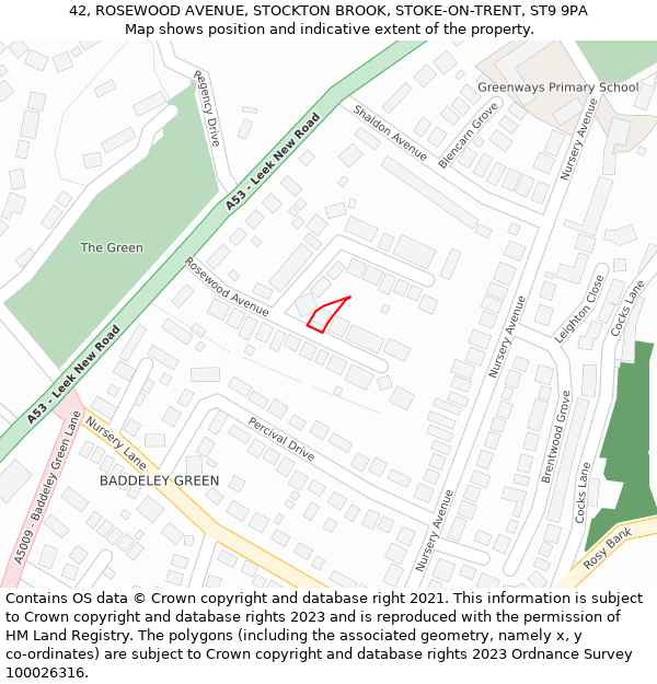 42, ROSEWOOD AVENUE, STOCKTON BROOK, STOKE-ON-TRENT, ST9 9PA: Location map and indicative extent of plot