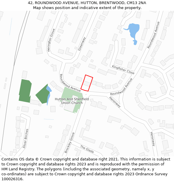 42, ROUNDWOOD AVENUE, HUTTON, BRENTWOOD, CM13 2NA: Location map and indicative extent of plot