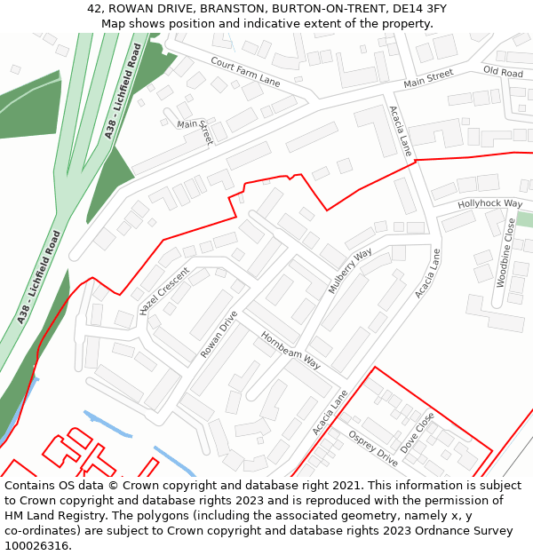 42, ROWAN DRIVE, BRANSTON, BURTON-ON-TRENT, DE14 3FY: Location map and indicative extent of plot