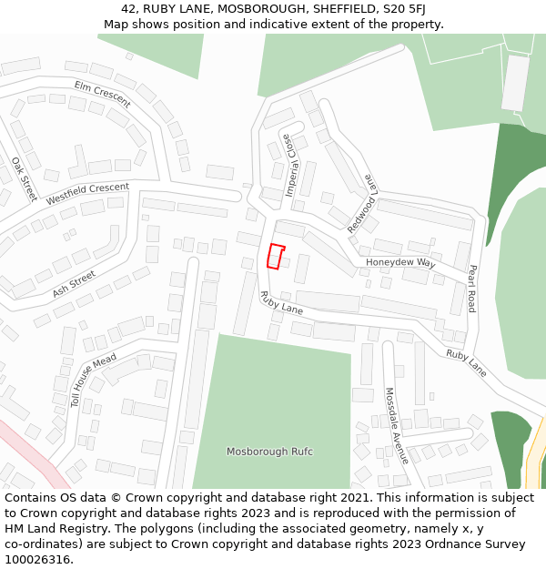 42, RUBY LANE, MOSBOROUGH, SHEFFIELD, S20 5FJ: Location map and indicative extent of plot