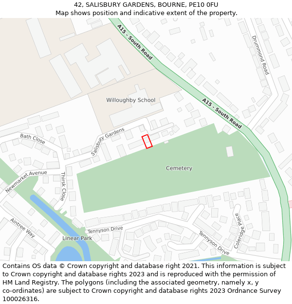 42, SALISBURY GARDENS, BOURNE, PE10 0FU: Location map and indicative extent of plot