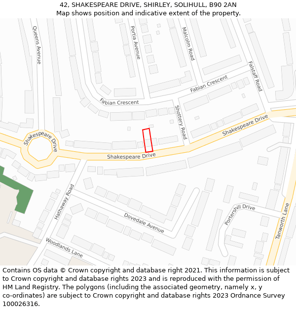 42, SHAKESPEARE DRIVE, SHIRLEY, SOLIHULL, B90 2AN: Location map and indicative extent of plot