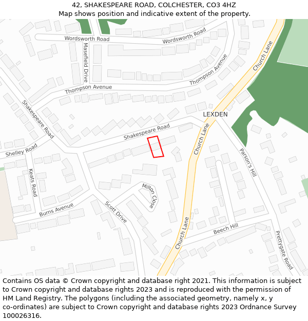 42, SHAKESPEARE ROAD, COLCHESTER, CO3 4HZ: Location map and indicative extent of plot