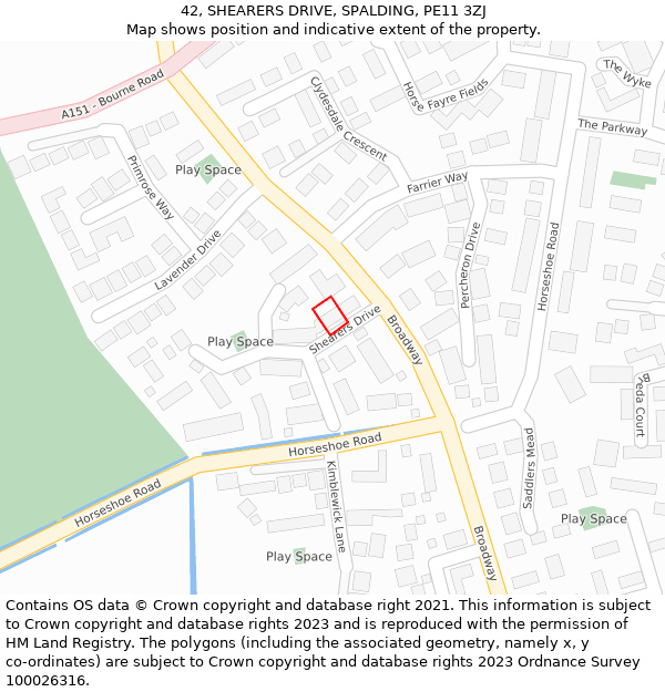 42, SHEARERS DRIVE, SPALDING, PE11 3ZJ: Location map and indicative extent of plot