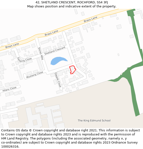 42, SHETLAND CRESCENT, ROCHFORD, SS4 3FJ: Location map and indicative extent of plot