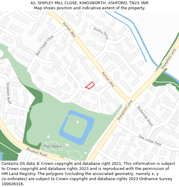 42, SHIPLEY MILL CLOSE, KINGSNORTH, ASHFORD, TN23 3NR: Location map and indicative extent of plot