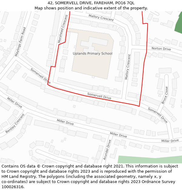 42, SOMERVELL DRIVE, FAREHAM, PO16 7QL: Location map and indicative extent of plot