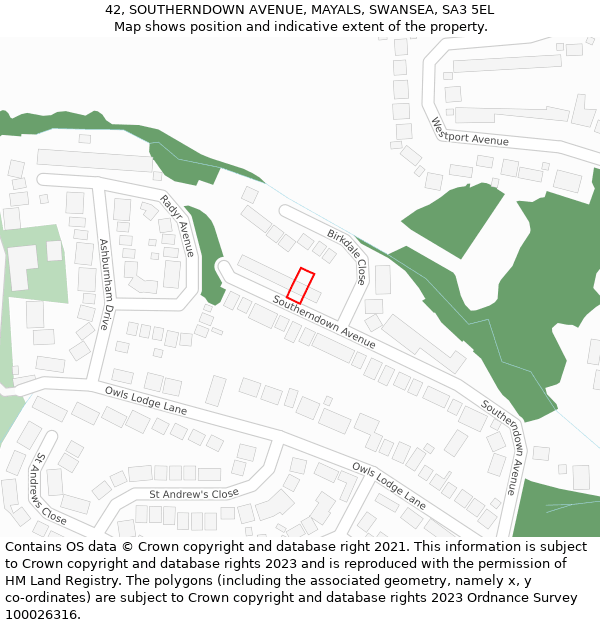 42, SOUTHERNDOWN AVENUE, MAYALS, SWANSEA, SA3 5EL: Location map and indicative extent of plot