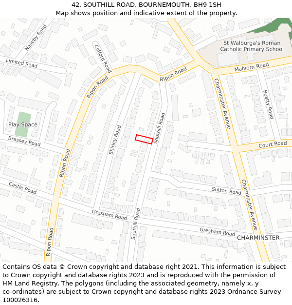 42, SOUTHILL ROAD, BOURNEMOUTH, BH9 1SH: Location map and indicative extent of plot