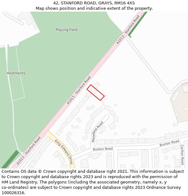 42, STANFORD ROAD, GRAYS, RM16 4XS: Location map and indicative extent of plot