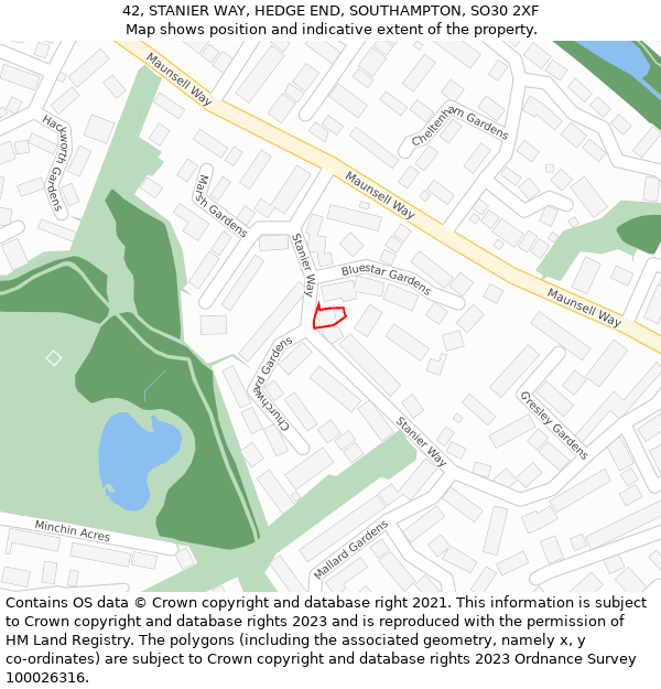 42, STANIER WAY, HEDGE END, SOUTHAMPTON, SO30 2XF: Location map and indicative extent of plot