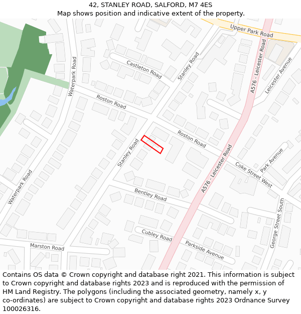 42, STANLEY ROAD, SALFORD, M7 4ES: Location map and indicative extent of plot