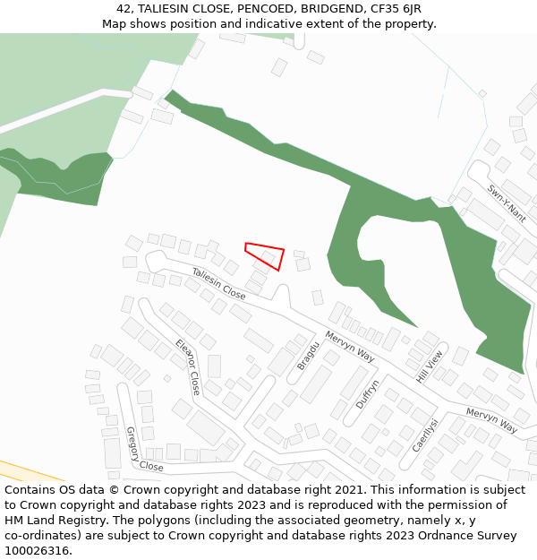 42, TALIESIN CLOSE, PENCOED, BRIDGEND, CF35 6JR: Location map and indicative extent of plot