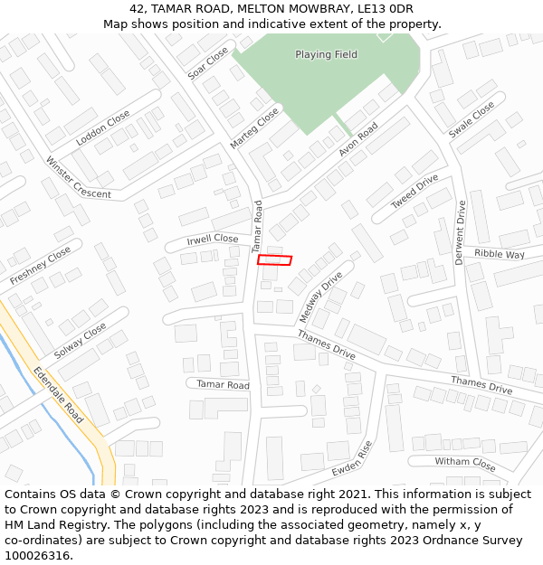 42, TAMAR ROAD, MELTON MOWBRAY, LE13 0DR: Location map and indicative extent of plot